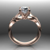 A digitally rendered, symmetrical view of a 14k rose gold ring, set against a gradient gray background, showcases a round-cut diamond held by interwoven prongs, the band features a unique design with twisting elements, accented by small diamonds set along the curves, the polished rose gold reflects light, emphasizing the ring's contours and the sparkle of the diamonds, the ring is positioned to provide a clear view of the setting and band details from a front-facing perspective.