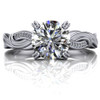 A digitally rendered close-up showcases a 14k white gold ring against a bright white background, the ring features a large, round-cut diamond secured by four double-pronged claws, the band is intricately designed with an interwoven pattern, accented by a row of smaller diamonds along its curve, the polished white gold reflects light, enhancing the ring's contours and the sparkle of the diamonds, the ring is positioned to provide a clear view of the setting and band details, with a mirrored reflection adding depth.