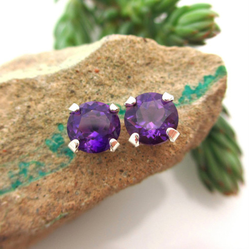 Amethyst stud earrings, dark purple
