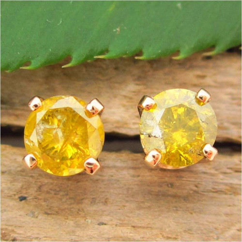 Greenish Yellow Diamond Stud Earrings in 14k Yellow Gold | Natural | 4.1mm