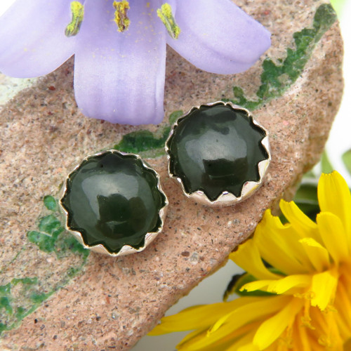 Jade Cabochon Stud Earrings in Sterling Silver | Army Green | Nephrite Jade, Natural