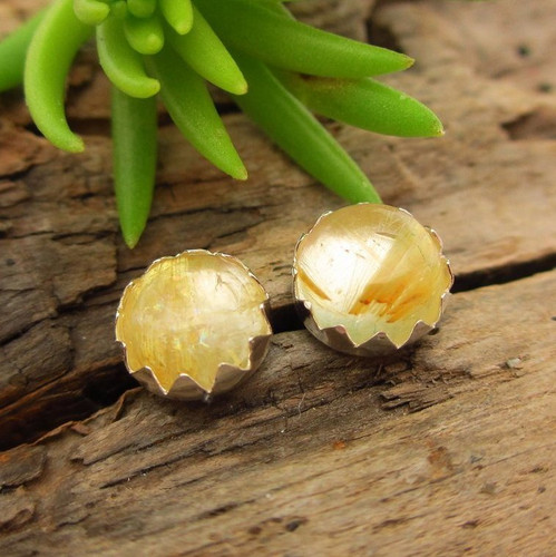 Rutilated Quartz Cabochon Stud Earrings in Sterling Silver | Gold/Clear | Natural