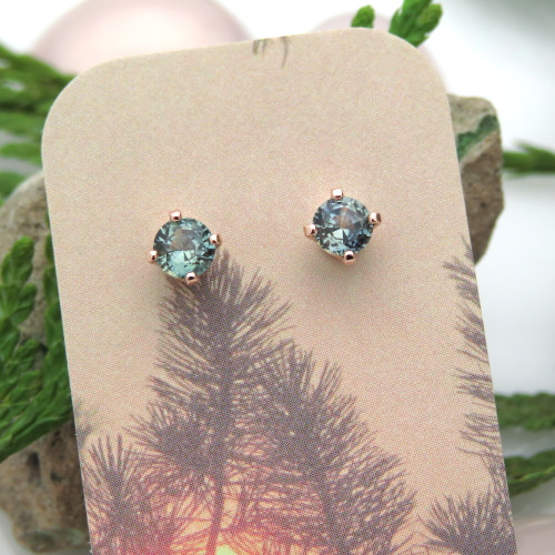 14k Rose Gold Stud Earrings with Sapphire Teal Green Unheated