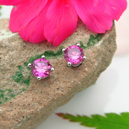 Platinum Stud Earrings with Purple - Pink Sapphire