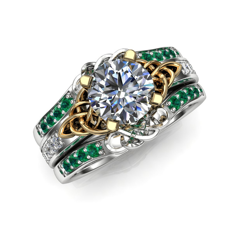 Celtic Knot Engagement Ring Set with Moissanite Lab Created Diamonds and Emeralds