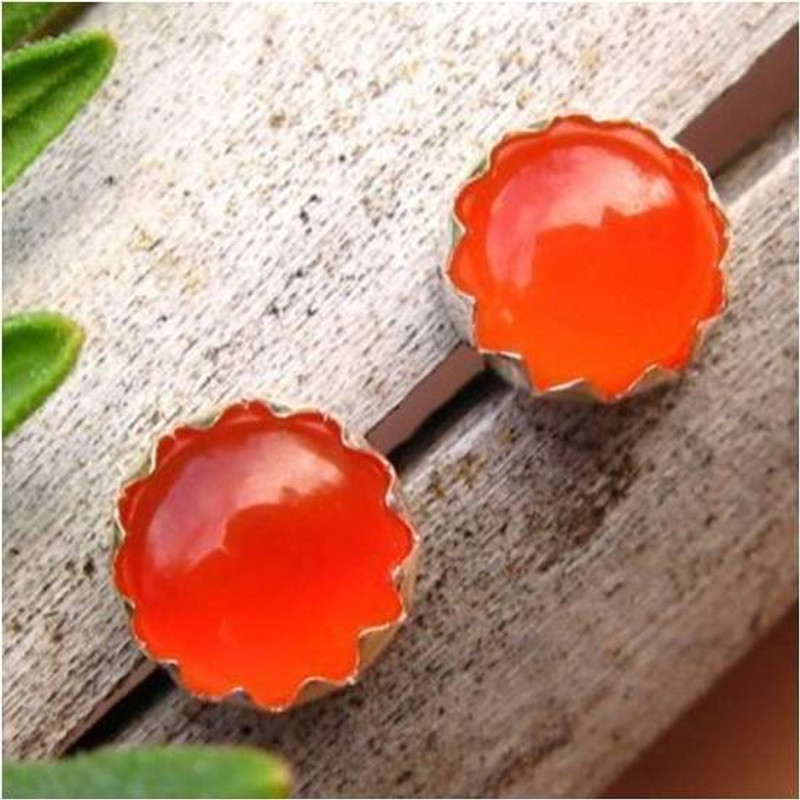 Carnelian Cabochon Stud Earrings in Sterling Silver | Bright Orange | Natural