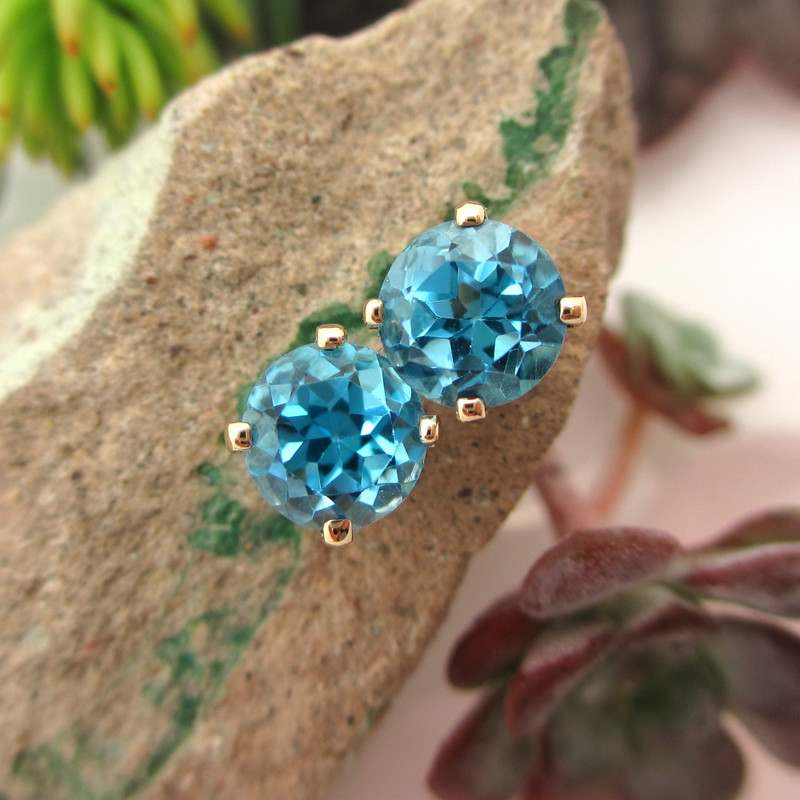 14k Gold Stud Earrings Swiss Blue Topaz Jewelry