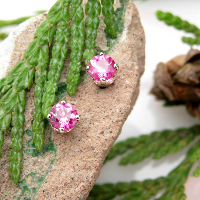 14k white gold stud earrings with hot pink tourmaline