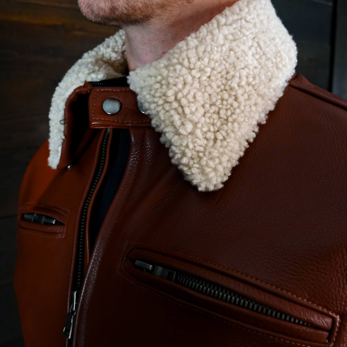 【ROMANTIC CROWN】23FW★ BIKER MOUTON JACKET Biker Jacket with Raccoon Lapel in Wine Red