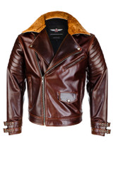 the vktre moto co vktre 1 motorcycle jacket made in the USA with brown shearling collar