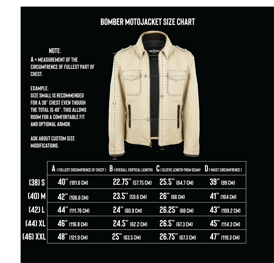 Gray wool bomber motojacket by VKTRE Moto Co made in USA size chart