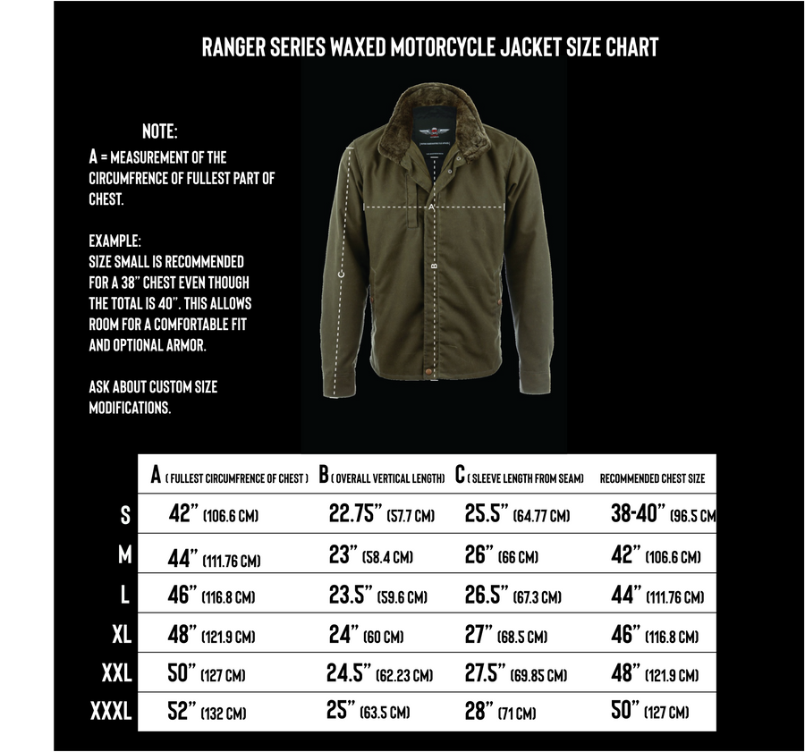 The ranger v2 motorcycle weatherproof jacket made in Los Angeles - VKTRE size chart