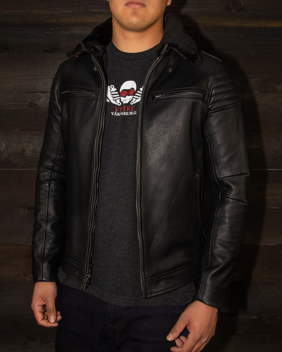 Black leather pilot racer motorcycle jacket with black shearling detachable collar VKTRE Moto Co.