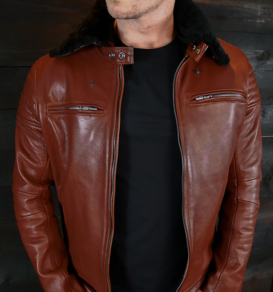 Pilot Racer Motorcycle Jacket with black Shearling Collar VKTRE