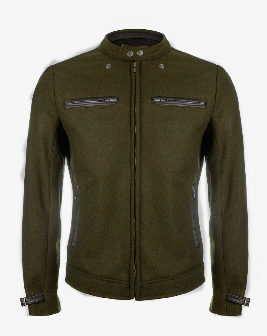 Dark green wool motorcycle jacket made in USA by VKTRE Moto Co.