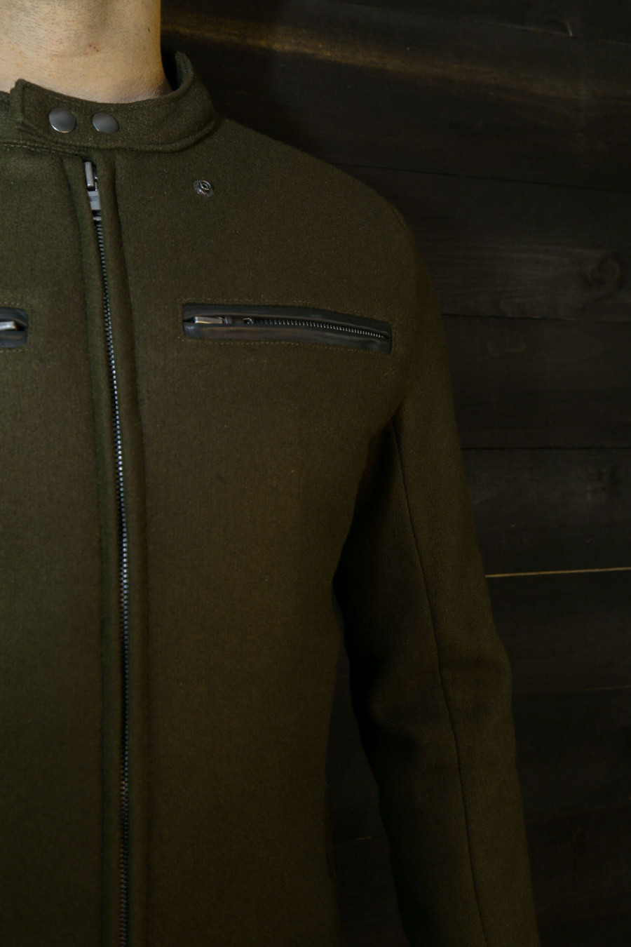 Dark green wool motorcycle jacket made in USA by VKTRE Moto Co.