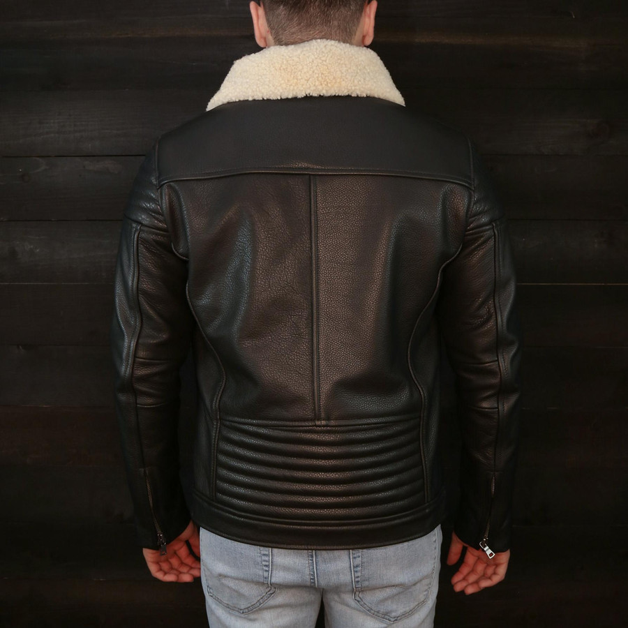 The Pilot Racer black leather motorcycle jacket by vktre moto company back