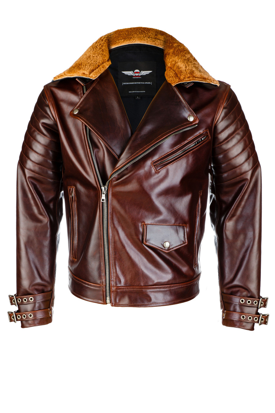 the vktre moto co vktre 1 motorcycle jacket made in the USA with brown shearling collar