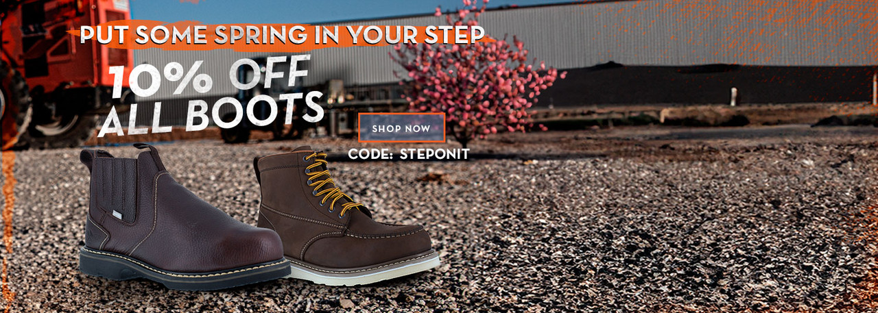 Put some spring in your step! 10 percent off all boots! Shop now! Use code STEPONIT.