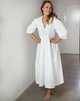 Maudie Ladies white 3/4 length sleeve nightdress with embroidered v neckline and frilly cuffs. 