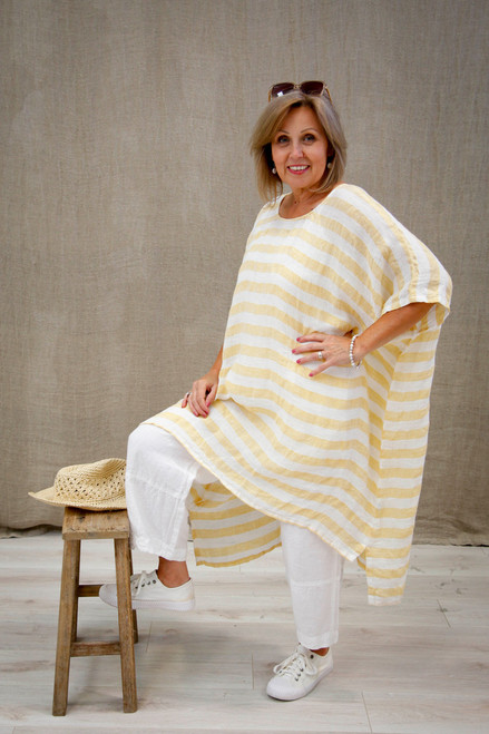 Maria Oversized Short Kaftan Yellow & White Stripes