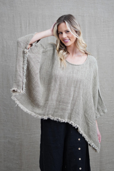 Liza Fringed Poncho Top Olive
