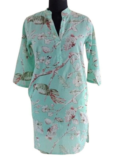 An Asian-inspired mandarin collar and open V-neck unique 100% cotton voile button less shirt in beautiful Print. Sleeves can be worn down or rolled up and buttoned with arm epaulets.
