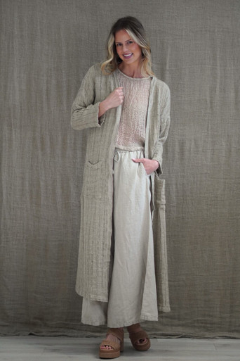 Audrey Long Linen Cardigan Natural Spaced Vertical - TheLinenCottonCo