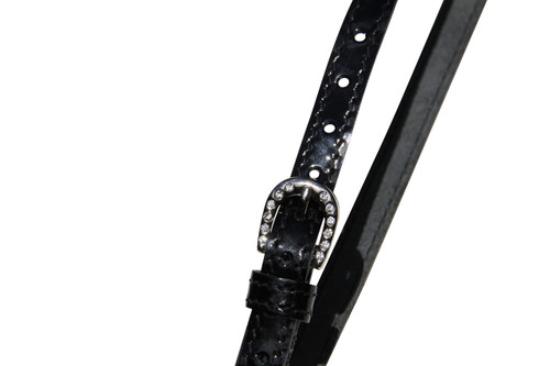 Ladies Patent Leather Bling Stitched Spur Straps with Crystal Buckle.