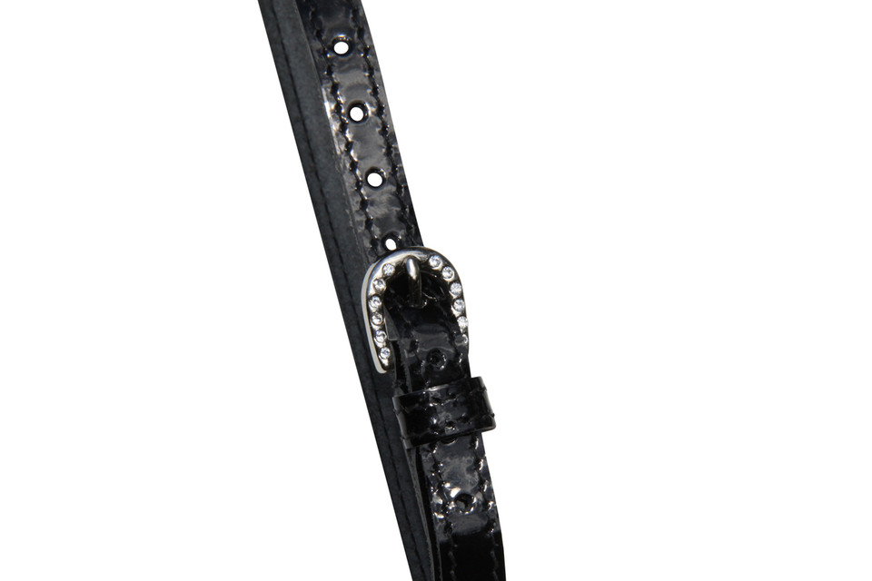 Ladies Patent Leather Bling Stitched Spur Straps with Crystal Buckle.