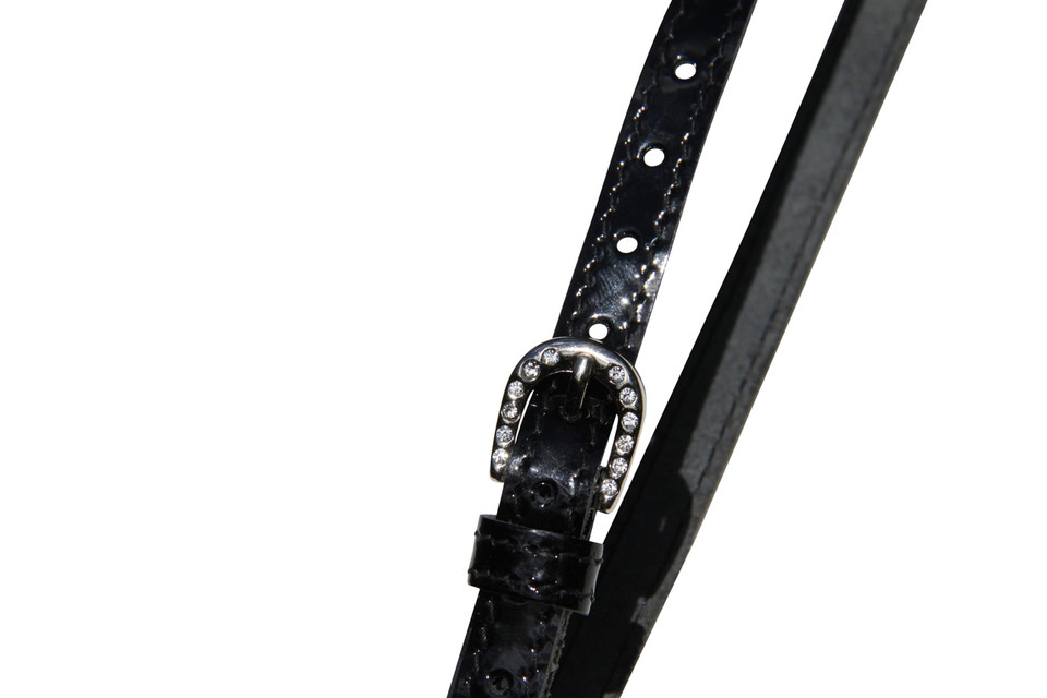 Ladies Patent Leather Bling Stitched Spur Straps with Crystal Buckle.