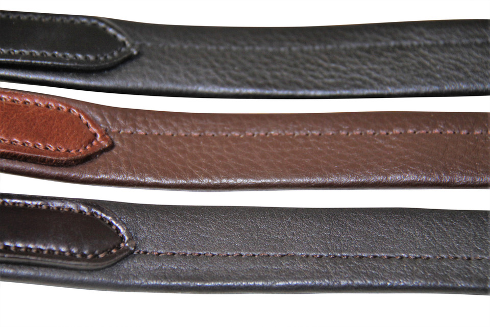 English Leather Colours from top to bottom, Black, Aus Nut and Havana / Dark Brown.