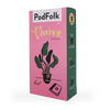 A slim box of coffee pods on a white background. The pink and green box read 'PodFolk', and features an illustration of a plant growing out of a coffee pod.