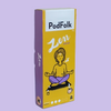A slim box of coffee pods on a pale lilac background. The yellow and purple box reads 'PodFolk', and features an illustration of a person meditating with their legs crossed.