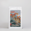 A bag of Autumn Blend Coffee on a white background. The illustrated label on the bag says Villino in white letters, and features an Eastern Barred Bandicoot surrounded by autumnal Fagus leaves.