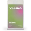A white bag of single origin coffee with a lime green and hot pink label. The white letters at the top of the label reads "Villino Coffee Roasters",  and the small white text at the bottom reads "Colombia Santa Monica Chiroso".