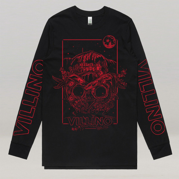 A Black longsleeve shirt, with a red illustration printed on the front, and Villino written on the sleeves.