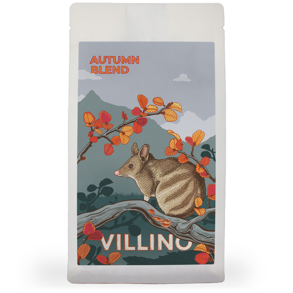 A bag of Autumn Blend Coffee on a white background. The illustrated label on the bag says Villino in white letters, and features an Eastern Barred Bandicoot surrounded by autumnal Fagus leaves.