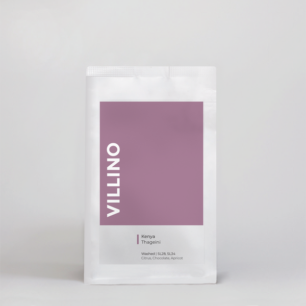 A bag of Single Origin Coffee on a white background. The light purple label on the bag says Villino in white letters, and reads 'Kenya Thageini' in small black text down the bottom.