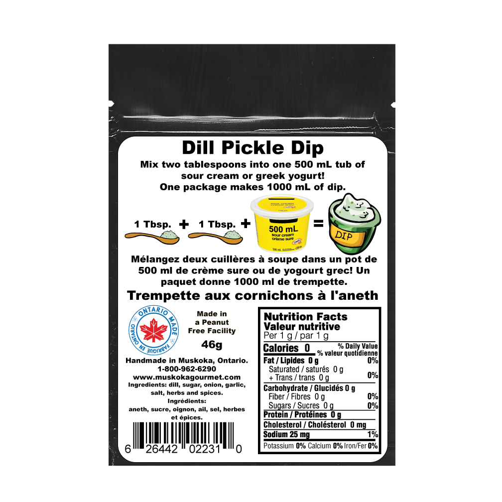 Our Dill Pickle dip mix is so tasty. Mix 2 tablespoons into a 500 mL Tub of Sour Cream or Greek Yogurt. This pouch will make 1000 mL of creamy dip!