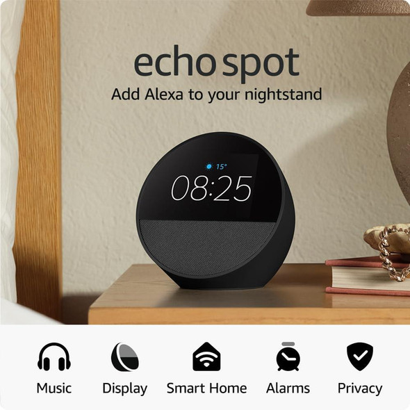 Amazon Echo Spot 2024 Smart Alarm Clock with Vibrant Sound + Alexa Black