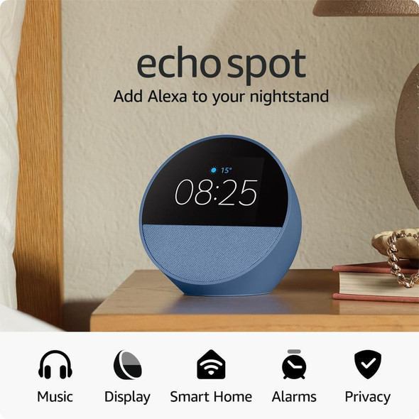 Amazon Echo Spot 2024 Smart Alarm Clock with Vibrant Sound + Alexa Ocean Blue