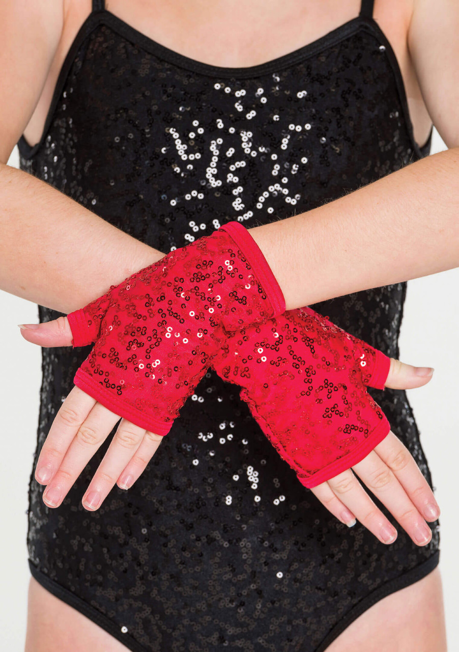 red sequin fingerless gloves