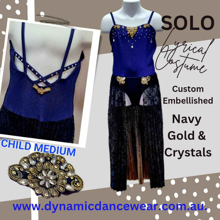 Custom embellished solo lyrical costume NAVY GOLD CRYSTAL CHILD MEDIUM