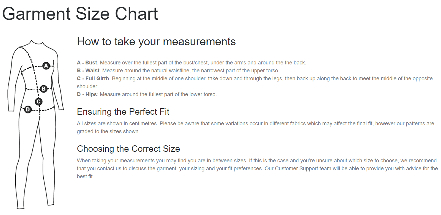 Strut Stuff Garment Size Measuring Guide