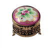 SMALL ROUND PINK WITH FLOWERS AND ORNATE BRASS Rochard Limoges Box RE007