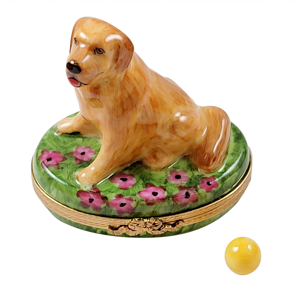 Golden Retriever On Flowers with Ball Limoges Box RD090