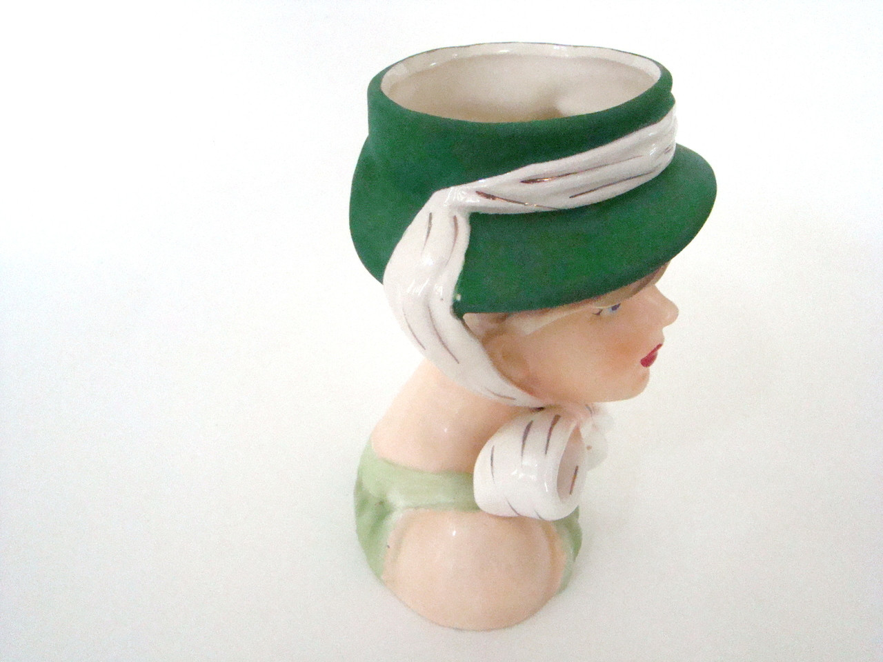 Antique Lady Head Vase Relpo K1766 in Green Bonnet Hat