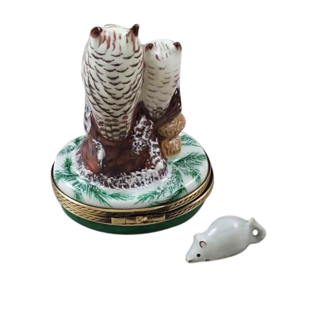 Rochard 2 OWLS WITH SNOW MOUSE Limoges Box RA322 