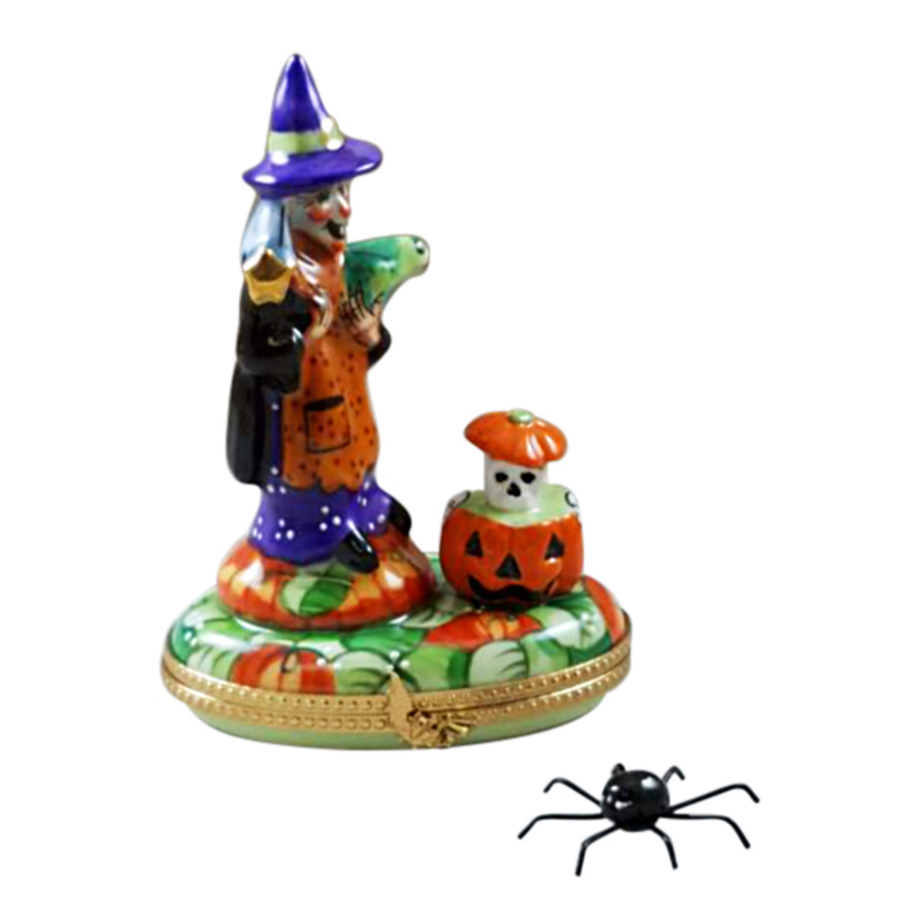 WITCH WITH PUMPKIN ON OVAL, REMOVABLE SPIDER Limoges Box